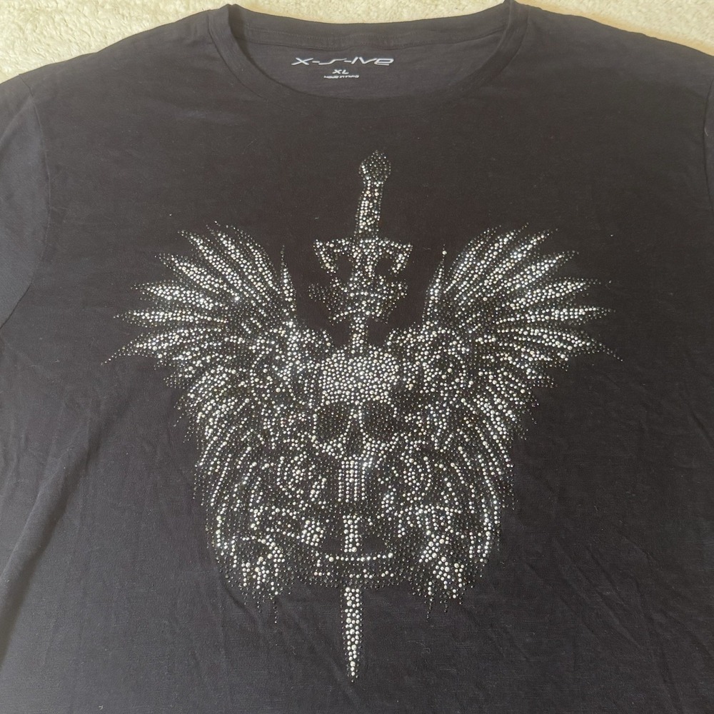 X-S-ive Men's XL Black Rhinestone Skull Wings Sword Graphic T-Shirt